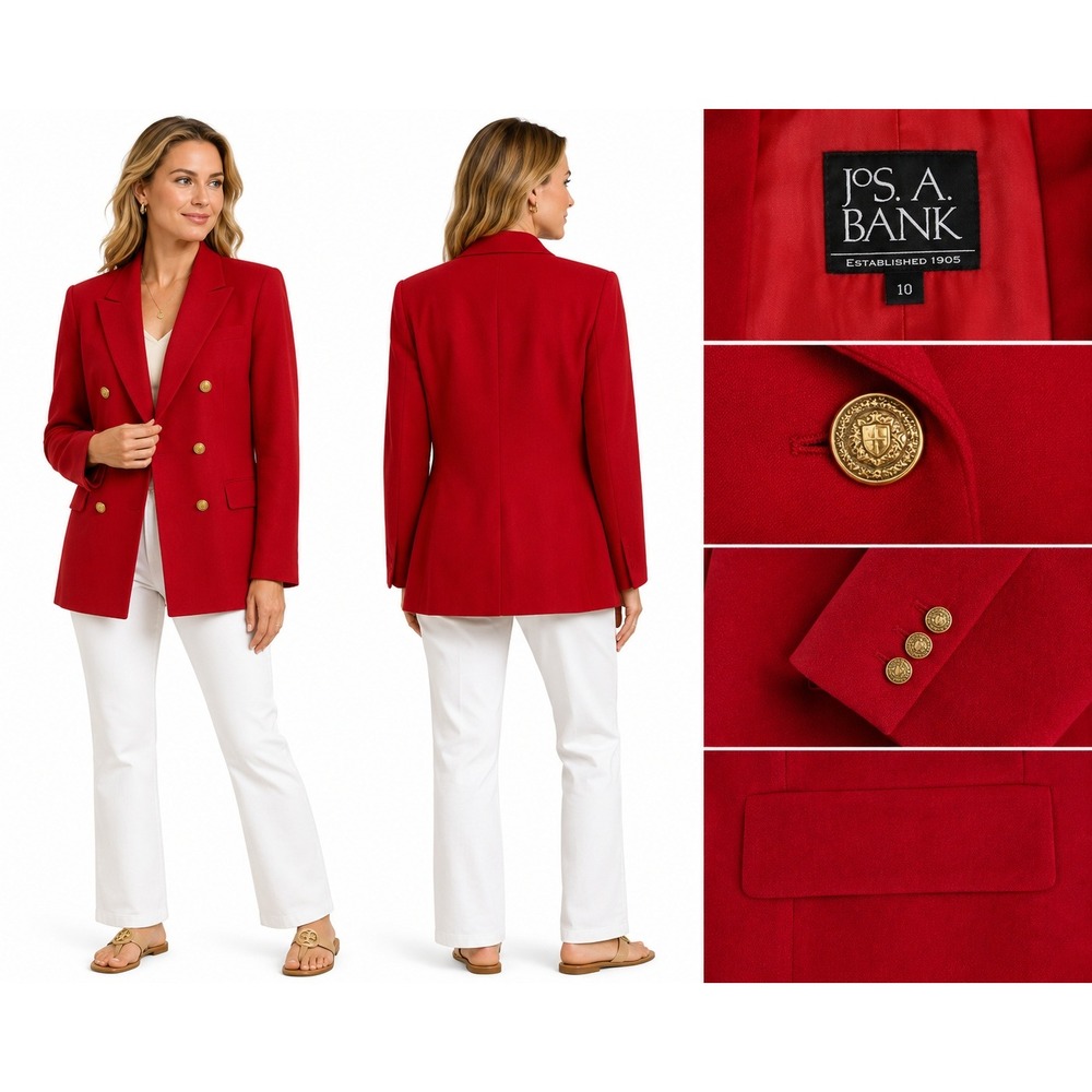 Jos. A. Bank‎ Blazer Womens 10 Red Double Breasted 100% Wool Gold Crest Buttons